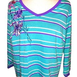 Vintage Bob Mackie Floral Stripe V-Neck 1X